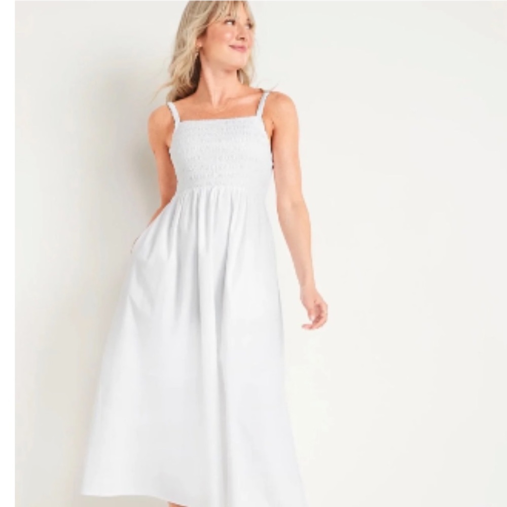 White Smocked Midi Dress with Open Back